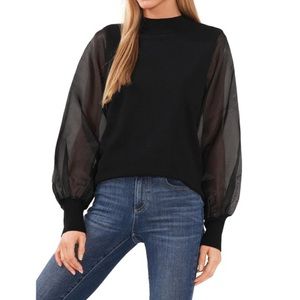 CeCe Sweater Black Mock Neck Organza Puff Sheer Long Sleeves Women’s Size Small